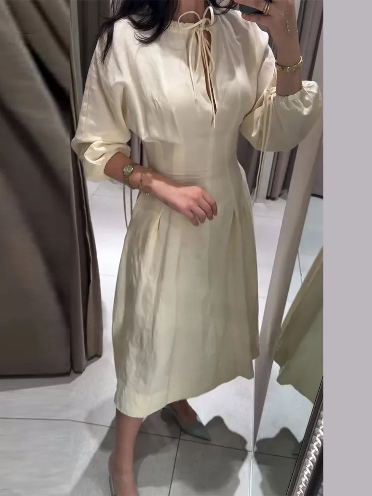 Lace Up Pleated Lantern Sleeve Midi Dress for Women