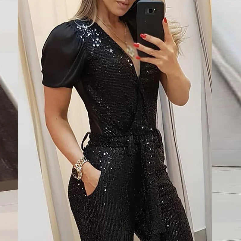 Elegant Women Glitter Belt Party Romper Casual Short Sleeve V-neck Lady Overall Playsuit Fashion Shiny Patchwork Sequin Jumpsuit