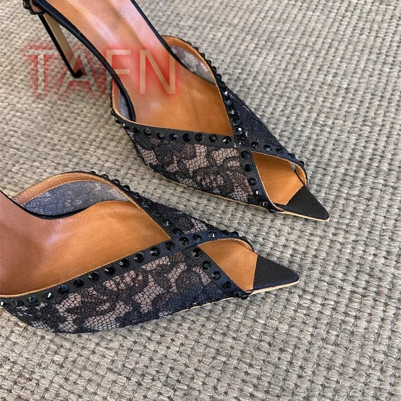 White Rhinestone Lace Sandals With Ankle Buckle for Women