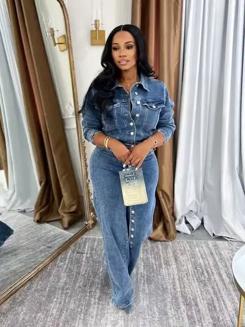 Denim Jacket And Straight Leg Pants Set