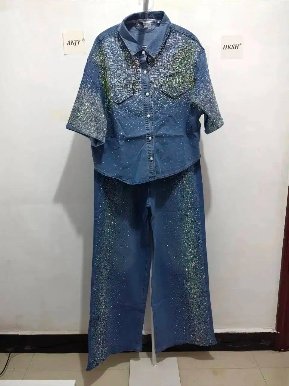 ANJY Autumn New Women's 2 Pieces Set Fashion Full Diamonds Short Sleeve Denim Shirt Elegant Fresh Straight Chic Ins Jeans A15818
