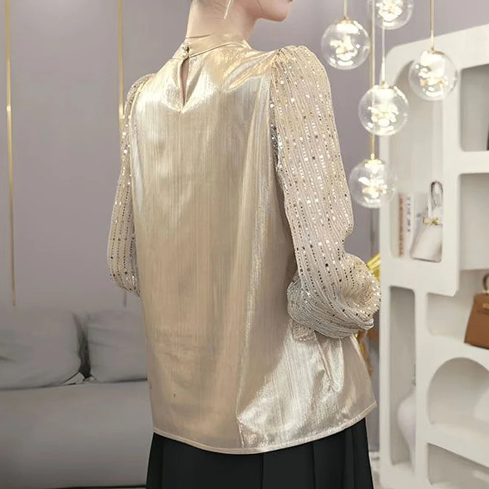 Chiffon Loose Small Stand Up Collar Bow Blouse for Women