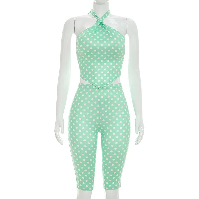 Polka Dot Print Halter Backless Tank Top Two Piece Set for Women