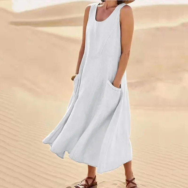 Casual Sleeveless Midi Dress With Side Pockets For Women