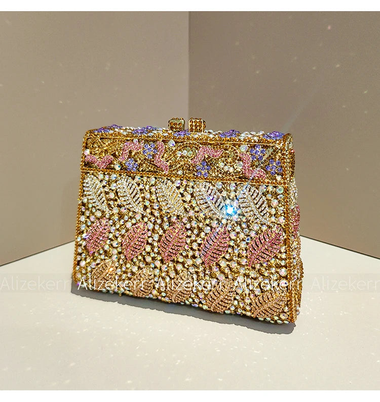 Metallic Leaf Diamond Evening Bag With Rhinestone Accents for Women
