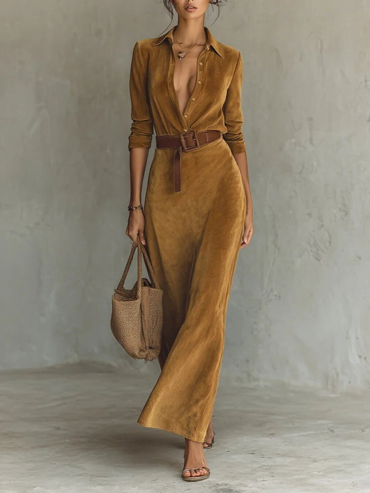 Elegant V Neck Patchwork Button Long Sleeve Maxi Dress for Women