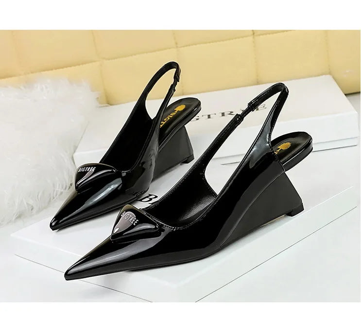 Patent Leather Wedge Heel Pumps With Back Strap for Women
