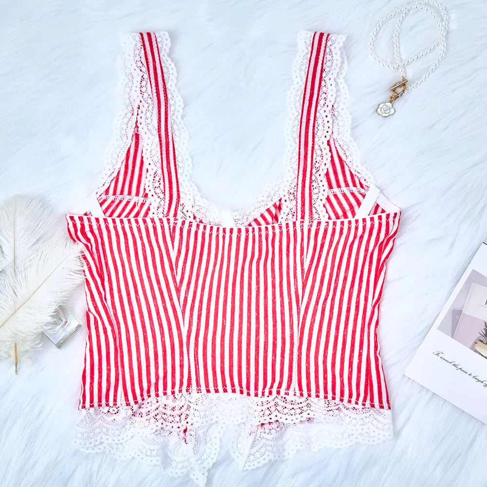 Striped Lace Trim V-Neck Slim Fit Camisole Top for Women