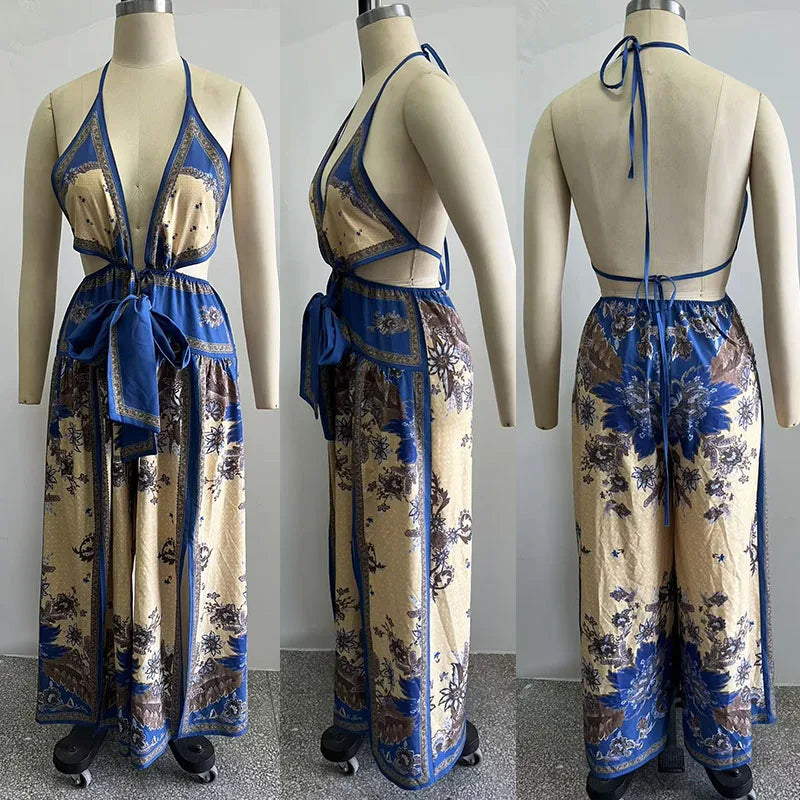 Deep V Neck Halter Sleeveless Lace Up Bow Wide Leg Jumpsuit for Women