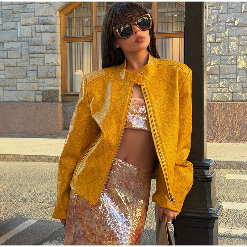 Retro Snake Print Faux Leather Cropped Jacket for Women