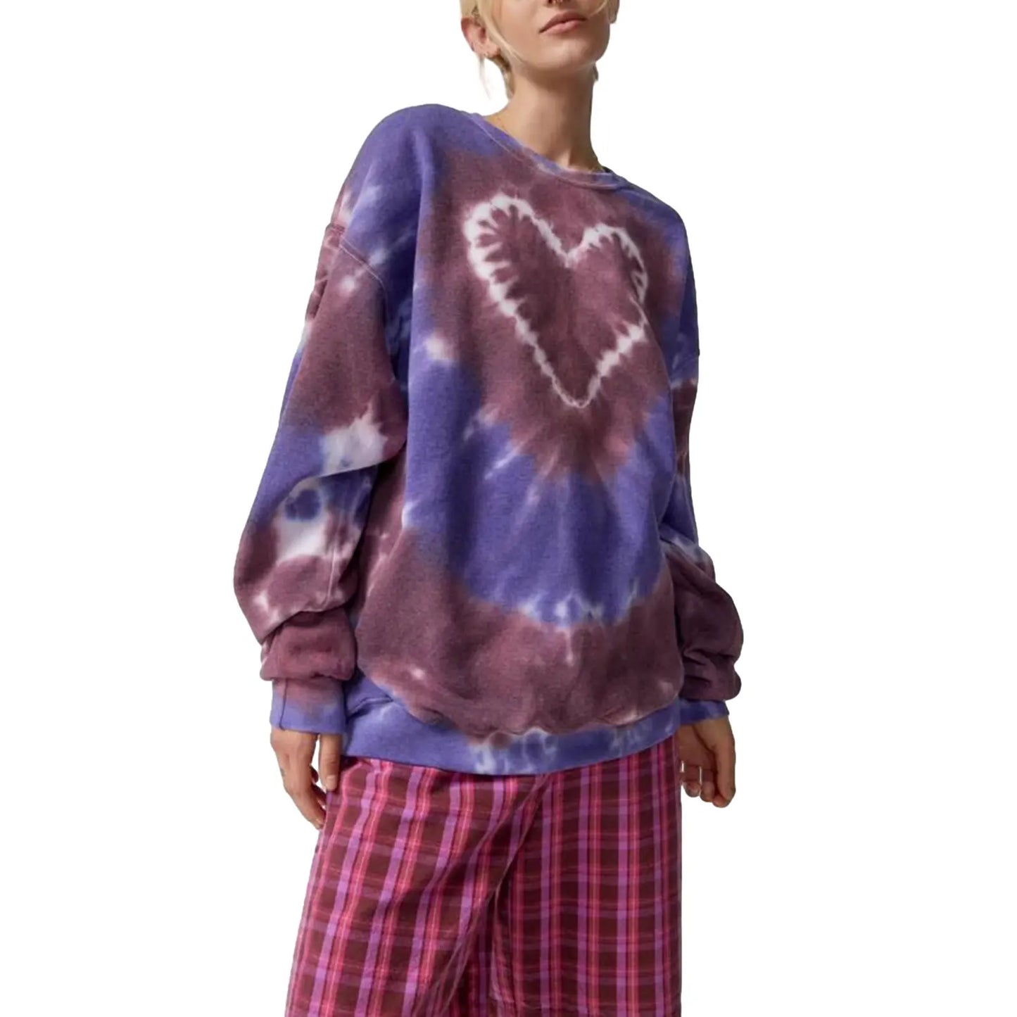 Women's Spring and Autumn Loose Heart Tie Dye Round Neck Sweatshirt Long Sleeve Heart Tie Dye Printed Round Neck Sweatshirt