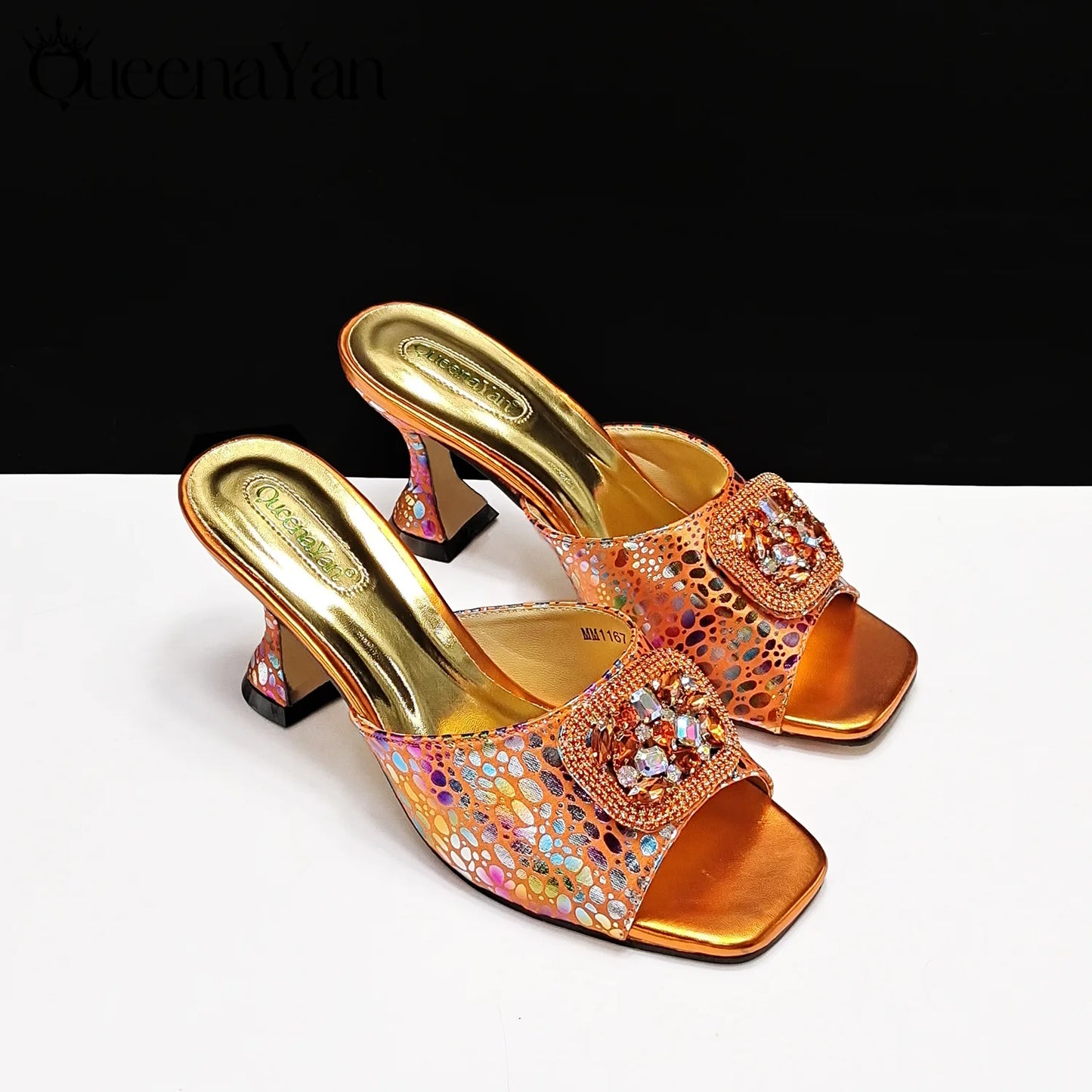 QueenaYan 2025 Fashion Newest Arrival Orange Color Square Toe Women Sandals Shoes Matching Bag Set for Ladies Wedding Party Pump
