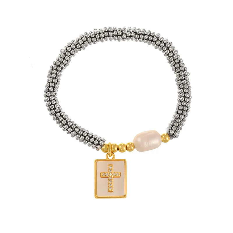 Cubic Zirconia Pearl Cross Bracelet