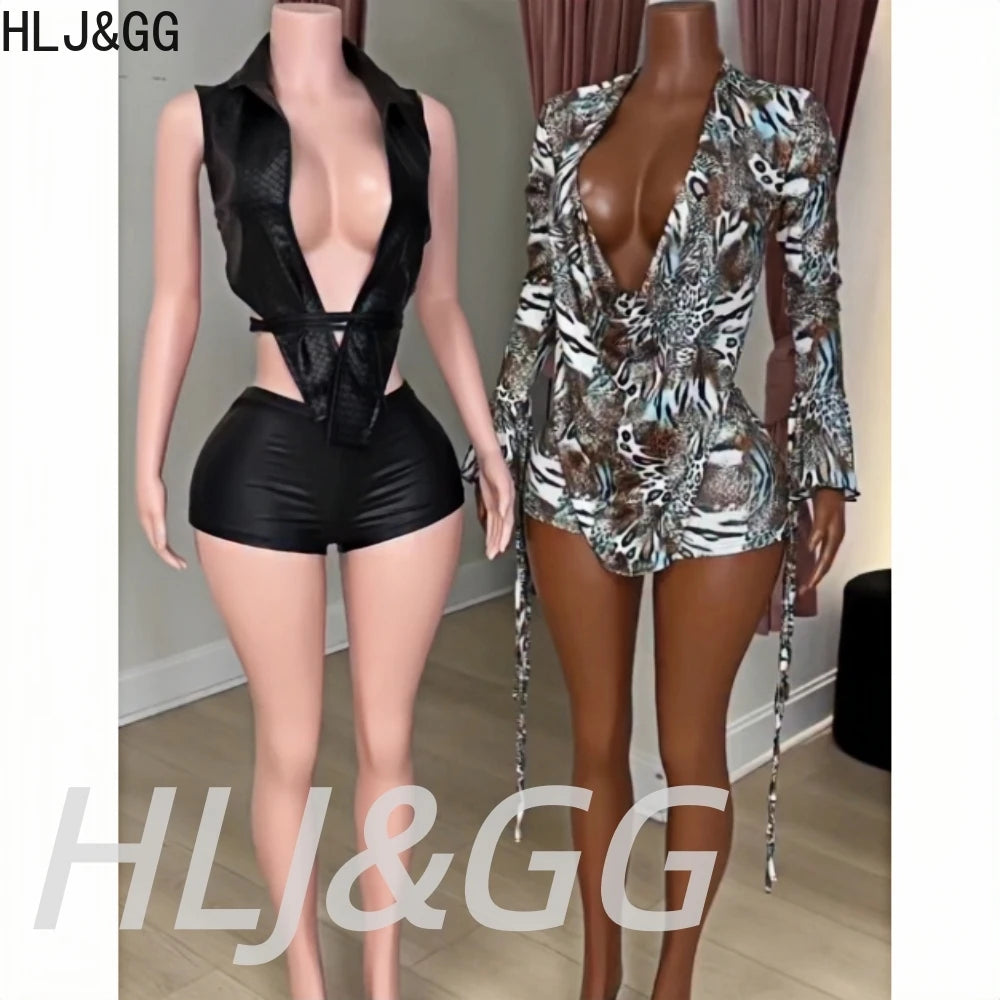 Sleek Black Leather Sleeveless Backless Two Piece Set for Women