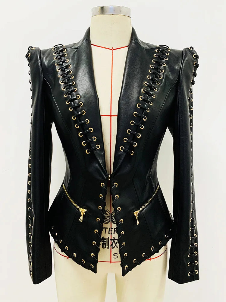 Mandarin Collar Lace-Up Faux Leather Jacket for Women