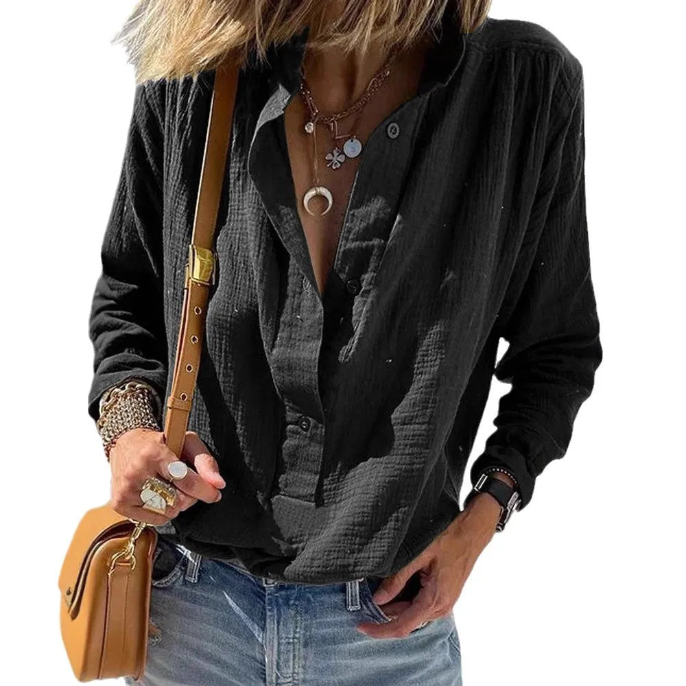 Long-sleeved cotton and linen women's shirt 2025 autumn loose single-breasted lapel casual shirt, office women's clothes