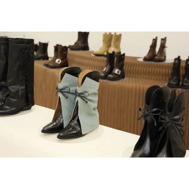 Pointed Bowknot Mid Calf Western Cowboy Boots for Women