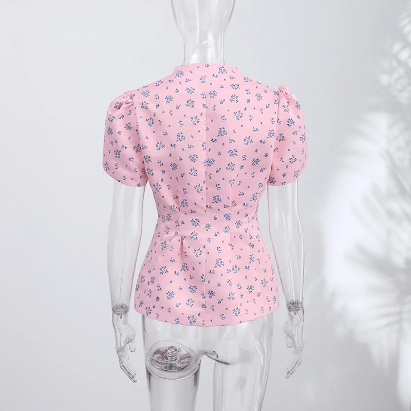 Elegant Printed Puff Sleeve Stand Collar Shirt for Women
