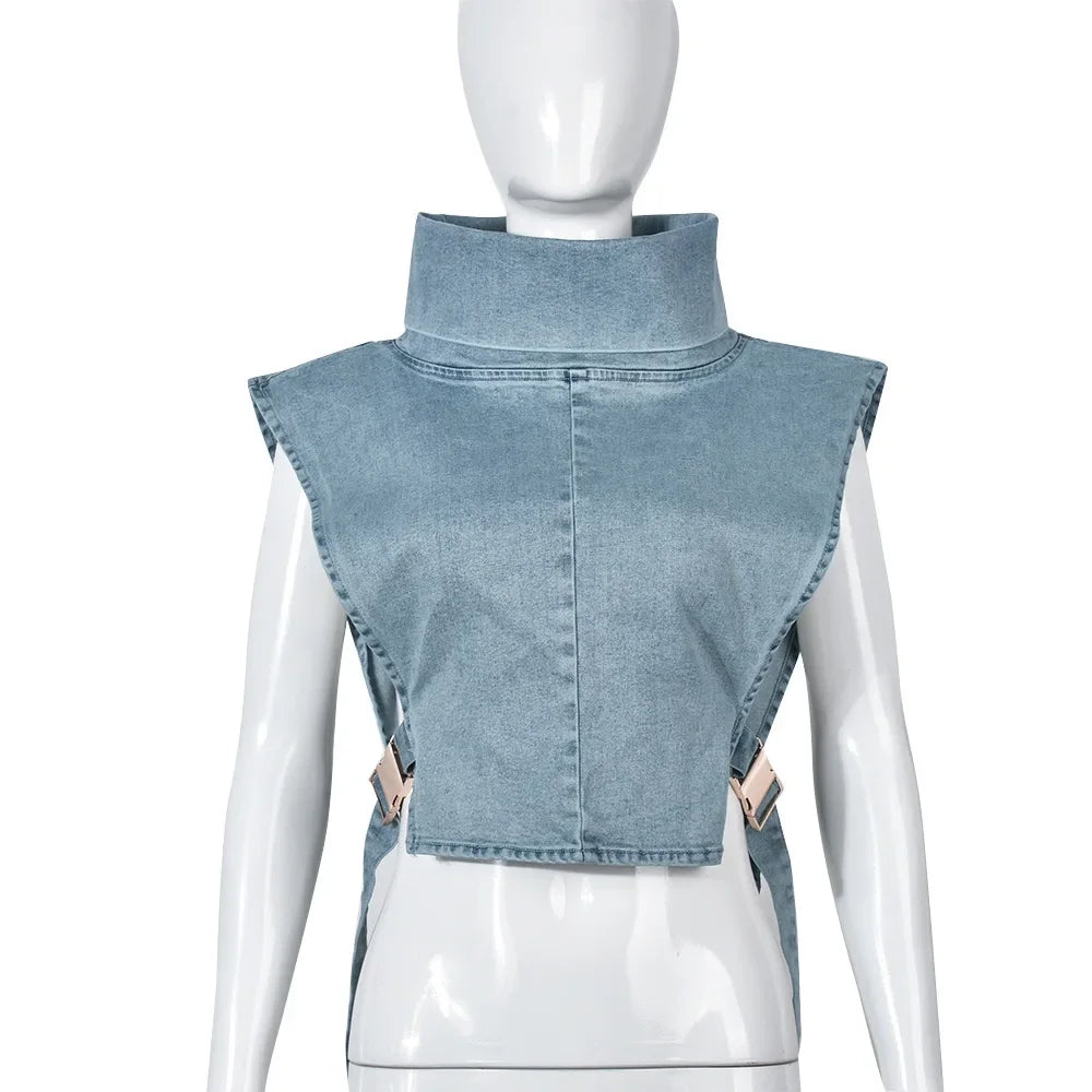 Elegant Tank Tops for Women Streetwear Summer 2025 New Cowboy Pile Collar Pullover Sleeveless Workwear High Waist Short Vest