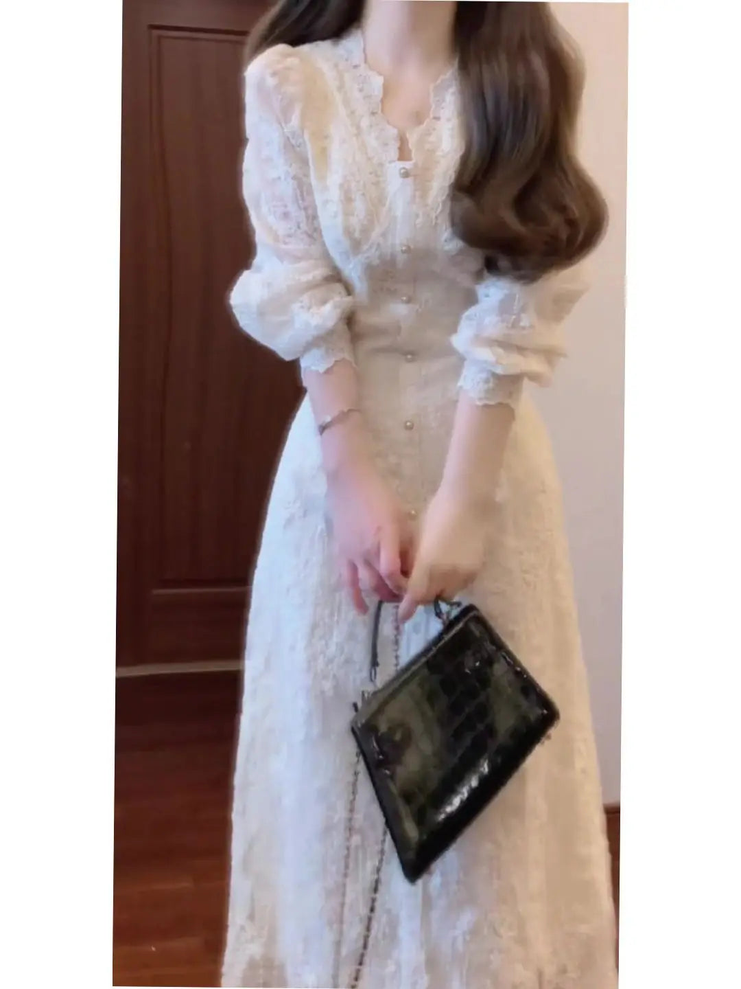 Elegant Lace Embroidered A-Line Dress with Long Sleeve for Women