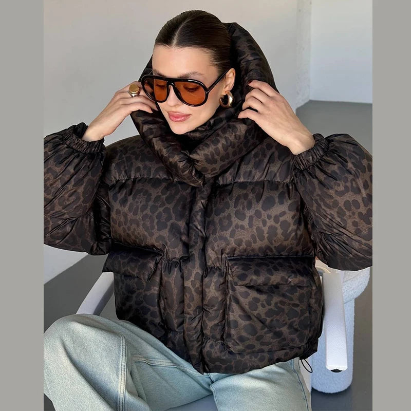 Casual Leopard Print Hooded Puffer Jacket For Women