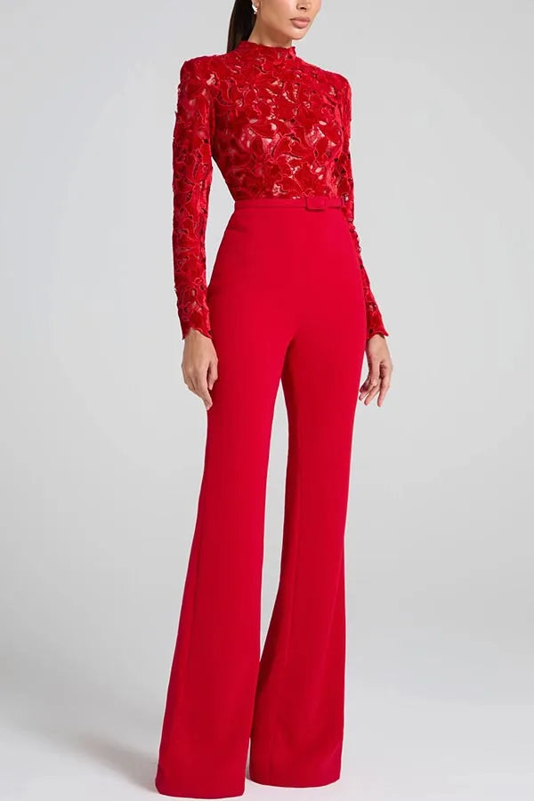 Embroidery Lace Red Jumpsuits Women Sexy Slim Long-sleeved Belt High Waist Jumpsuit Female 2025 Casual Lady Party Rompers