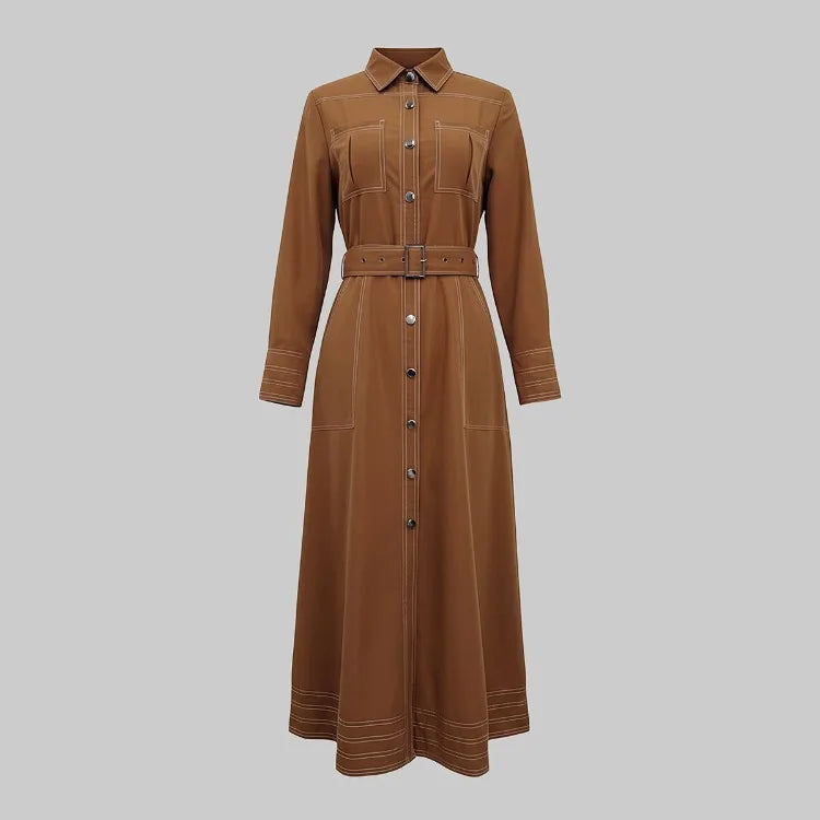 Women Lapel Collar Long Sleeves Contrast Stitch Pocket Belted Midi Dresses Elegant Vintage Casual Office Workwear Shirt Dress
