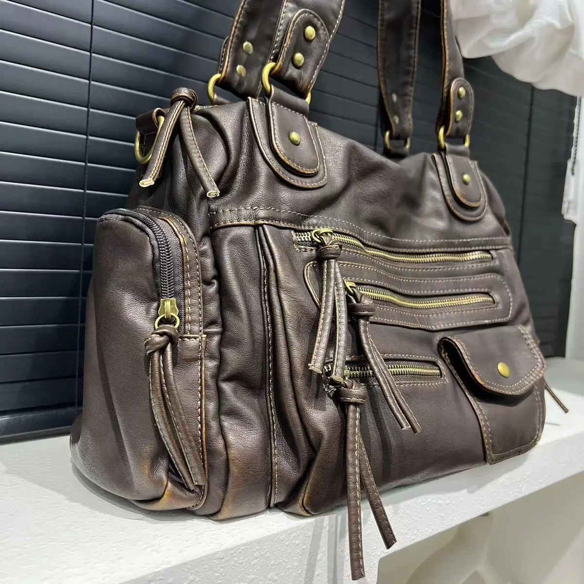 Washed Leather Look Crossbody Bag