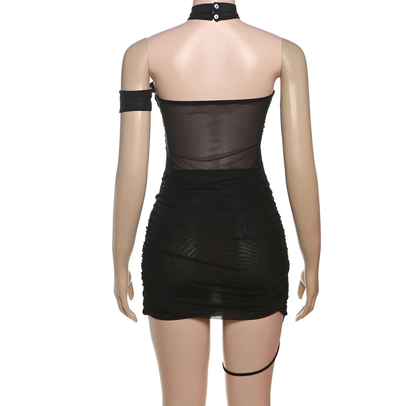 Sheer Cross Bandage Backless Halter Mini Dress for Women