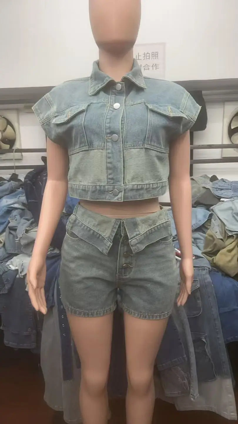 Joskaa Patchwork Stretch Denim 2 Piece Sets Women Lapel Button Pocket Tank Tops and Irregular Shorts Matching 2025 Streetwear