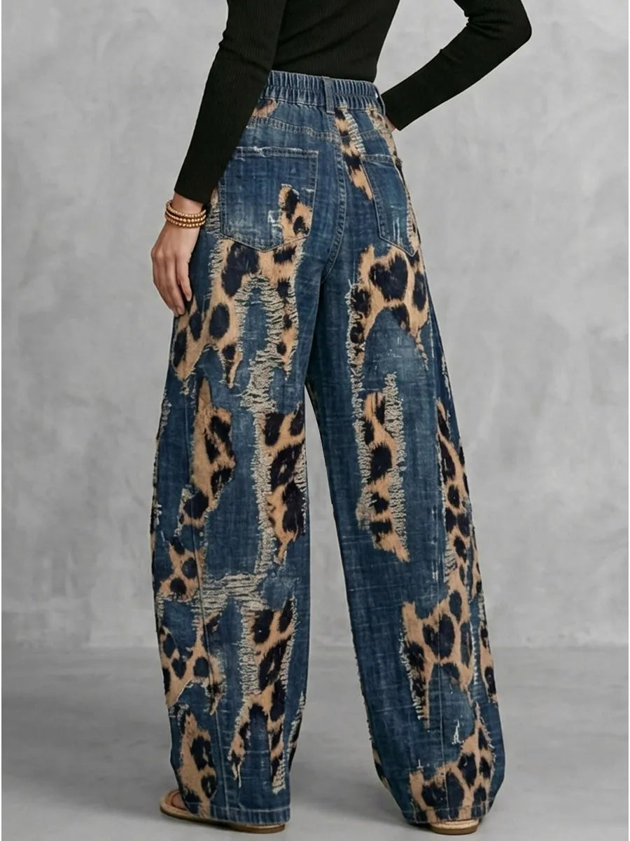 High Waist Distressed Leopard Print Wide Leg Jeans for Women