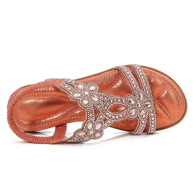 Bohemian Rhinestone Openwork Flat Sandals For Women