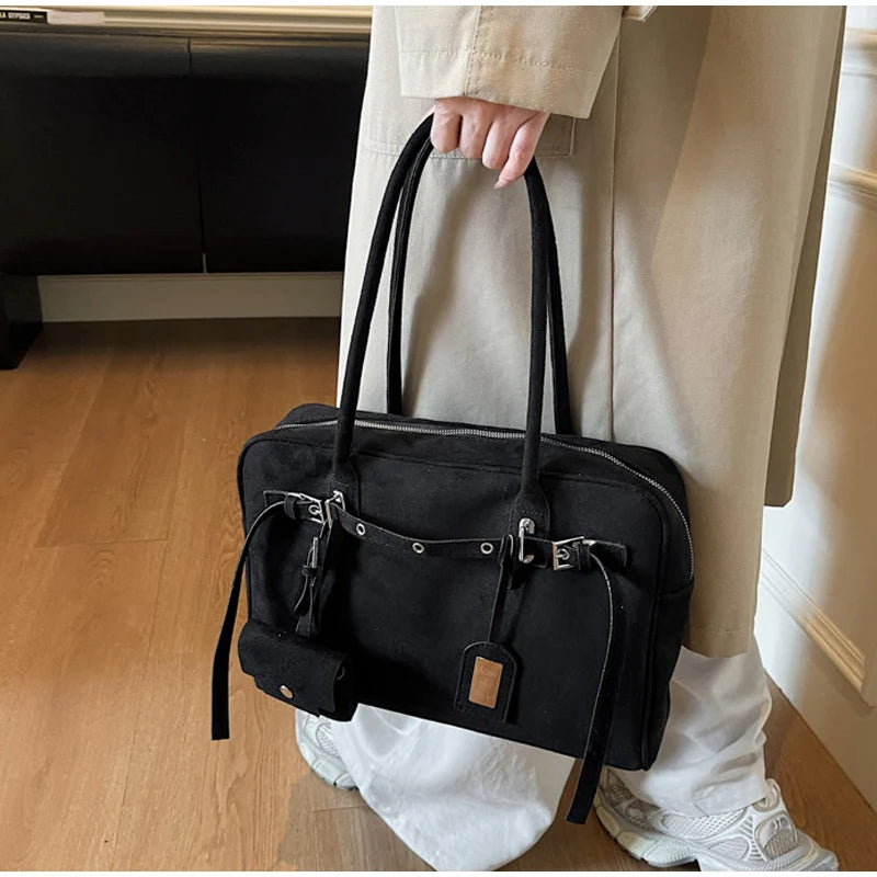 Retro Suede Square Handbag Fashion Versatile High-quality Texture Underarm Bag Exquisite Hardware Design Work Commute Tote Bag