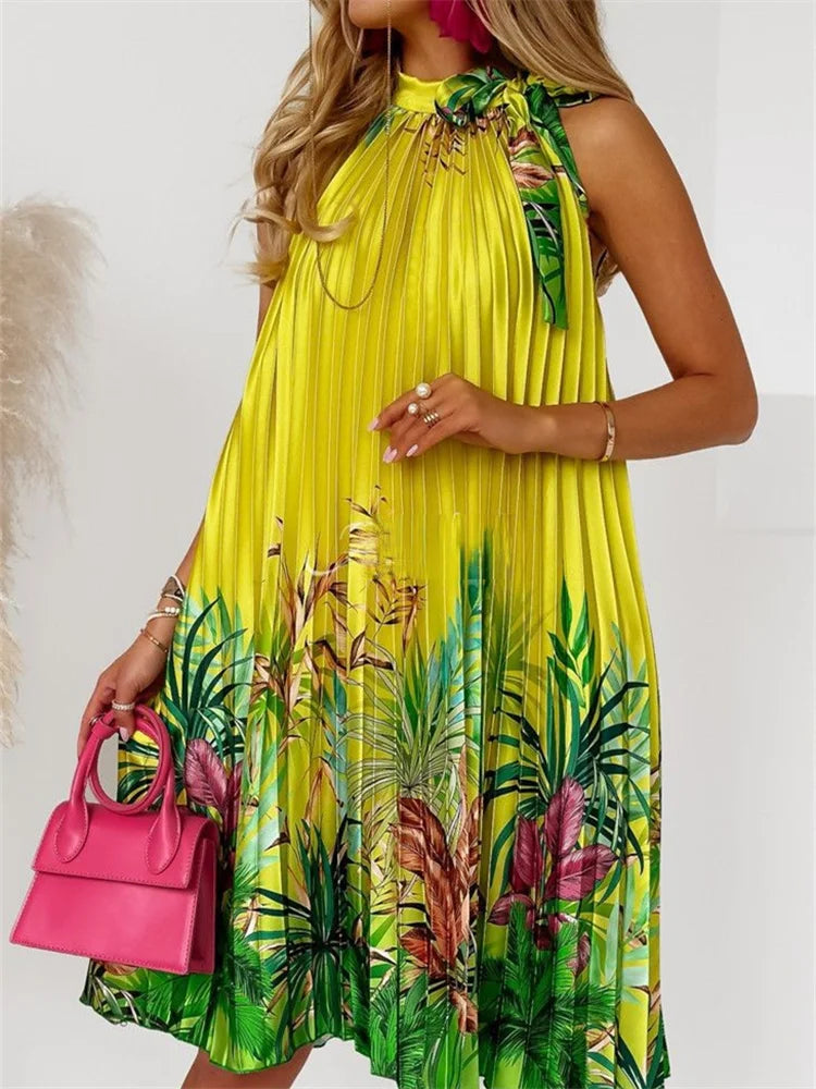 Wmstar Women Dress Lady Casual Loose Halter Pleated Maxi Fashion Leaf Print Sleeveless Beach Boho Elegant Halter Long Dresses