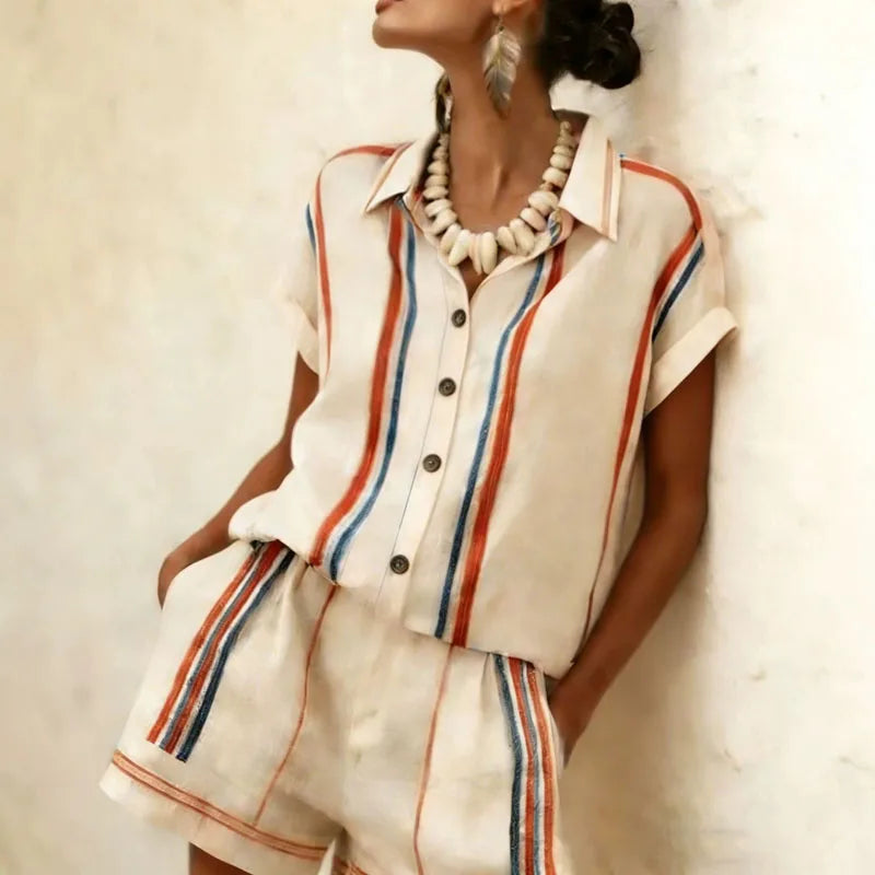 High Waist Striped Button Up Two Piece Shorts Set for Women