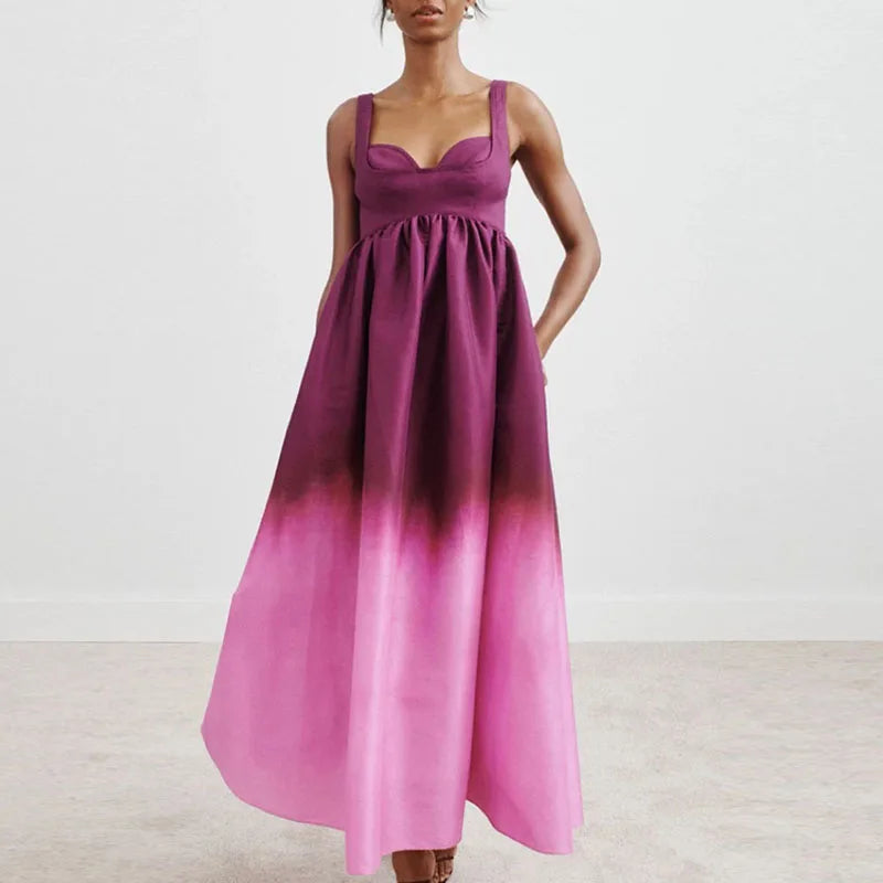 2025 Fashion Gradient Print Sleeveless Beach Dress Sexy Wrap Chest Women's Party Dress Strap Backless Hollow Out Holiday Dress