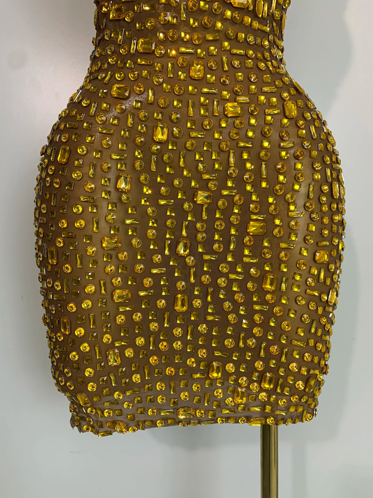 Women Luxury Gold Rhinestone Sexy Mesh Short Dress Sparkly Stage Costume Elegant Party Birthday  Dresses Nightclub Singer Outf