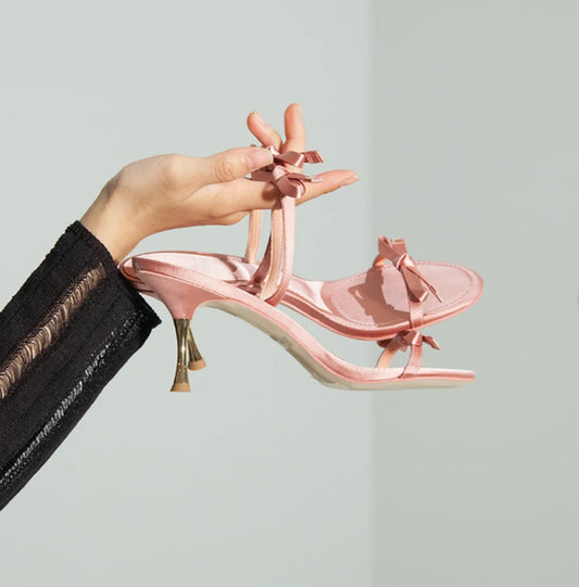 Blush Satin Gold Bow Stiletto Mules