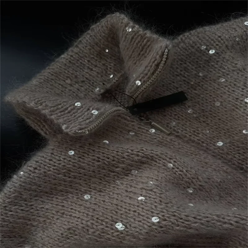 Sequins Knit Women 's Sweater Elegant Stand Collar Y2k Full Sleeve Sweaters Lady 2025 New Autumn Winter Woman Jacket Knitwear