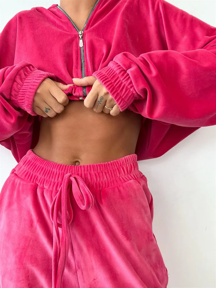 Hooded Zipper Hoodie and Trouser Tracksuit Set for Women