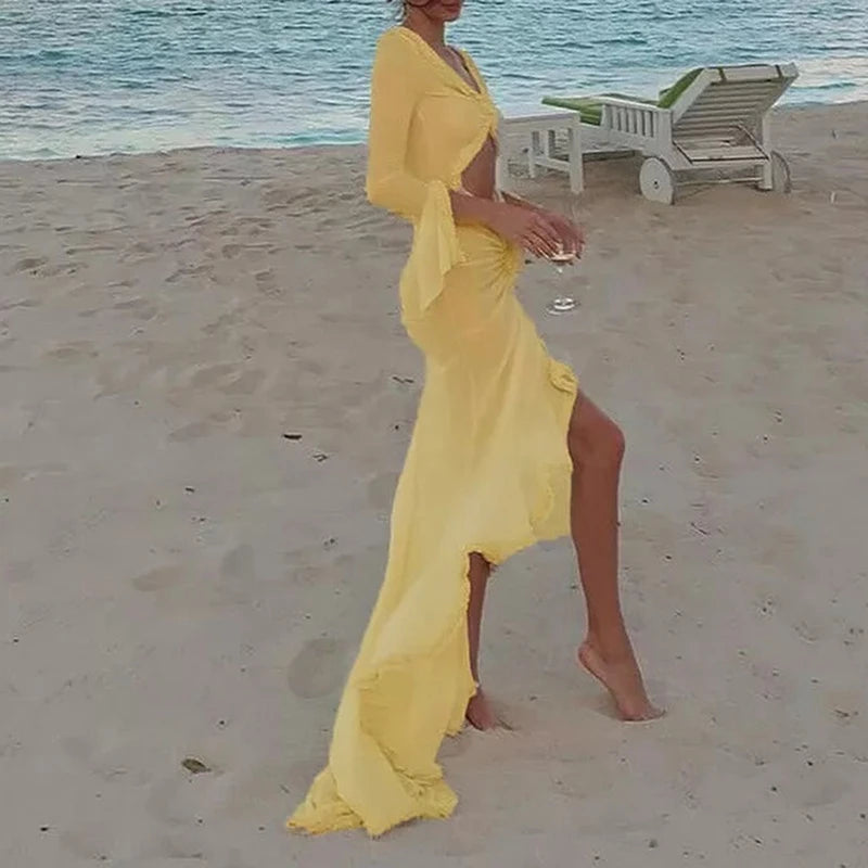 Beach Vacation Sexy Mesh Sheer Ruffled Dress for Women