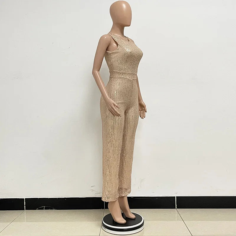 Elegant Silver Sequined Straight Cut Jumpsuit for Women