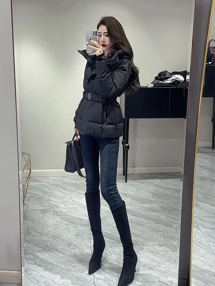 Warm Belted Hooded Winter Puffer Down Jacket for Women