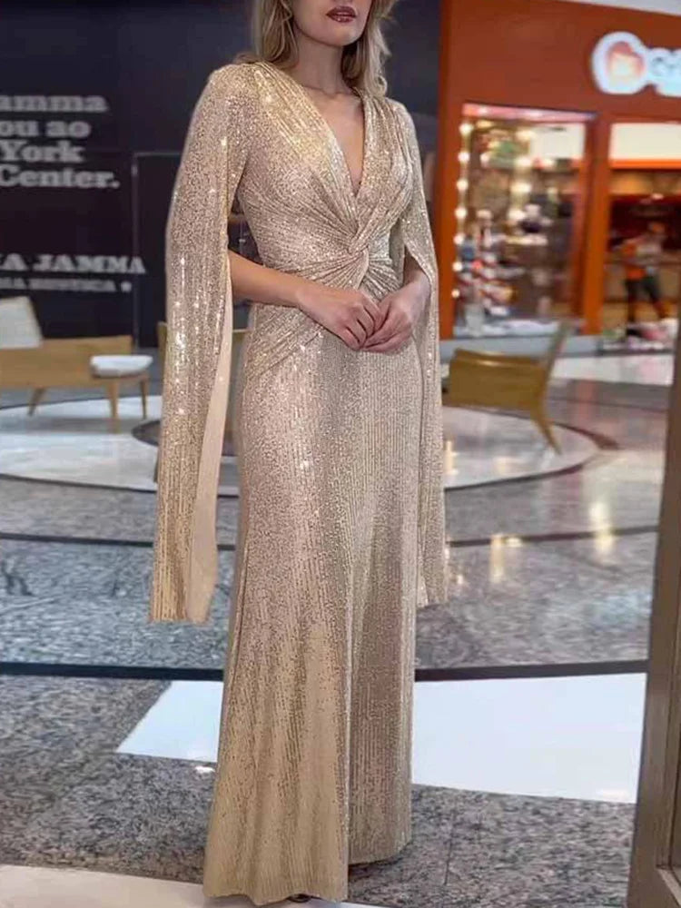 Elegant Sequin V Neck Long Sleeve Floor Length Maxi Dress for Women