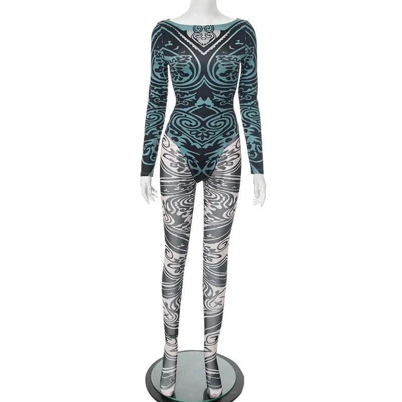 Joskaa 2025 Women's Abstract Print Two Piece Set Sexy Round Neck Long Sleeve Bodysuit + Skinny Pants Matching Y2K Streetwear
