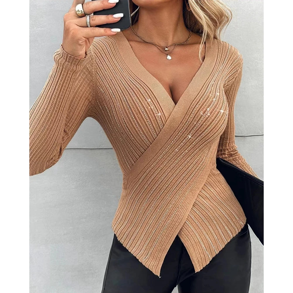 Autumn Rhinestone Decor Criss Cross Knit Sweater for Women Fashion V Neck Long Sleeve Knitted Top Casual Outwear Korean Style