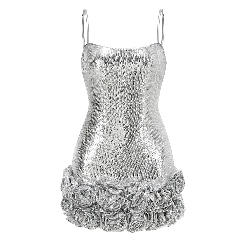 Glamorous Women's Silver Sequin Spaghetti Slip Mini Dress with Ruffled Hem Shiny Flower Party Night Club and Special Occasion
