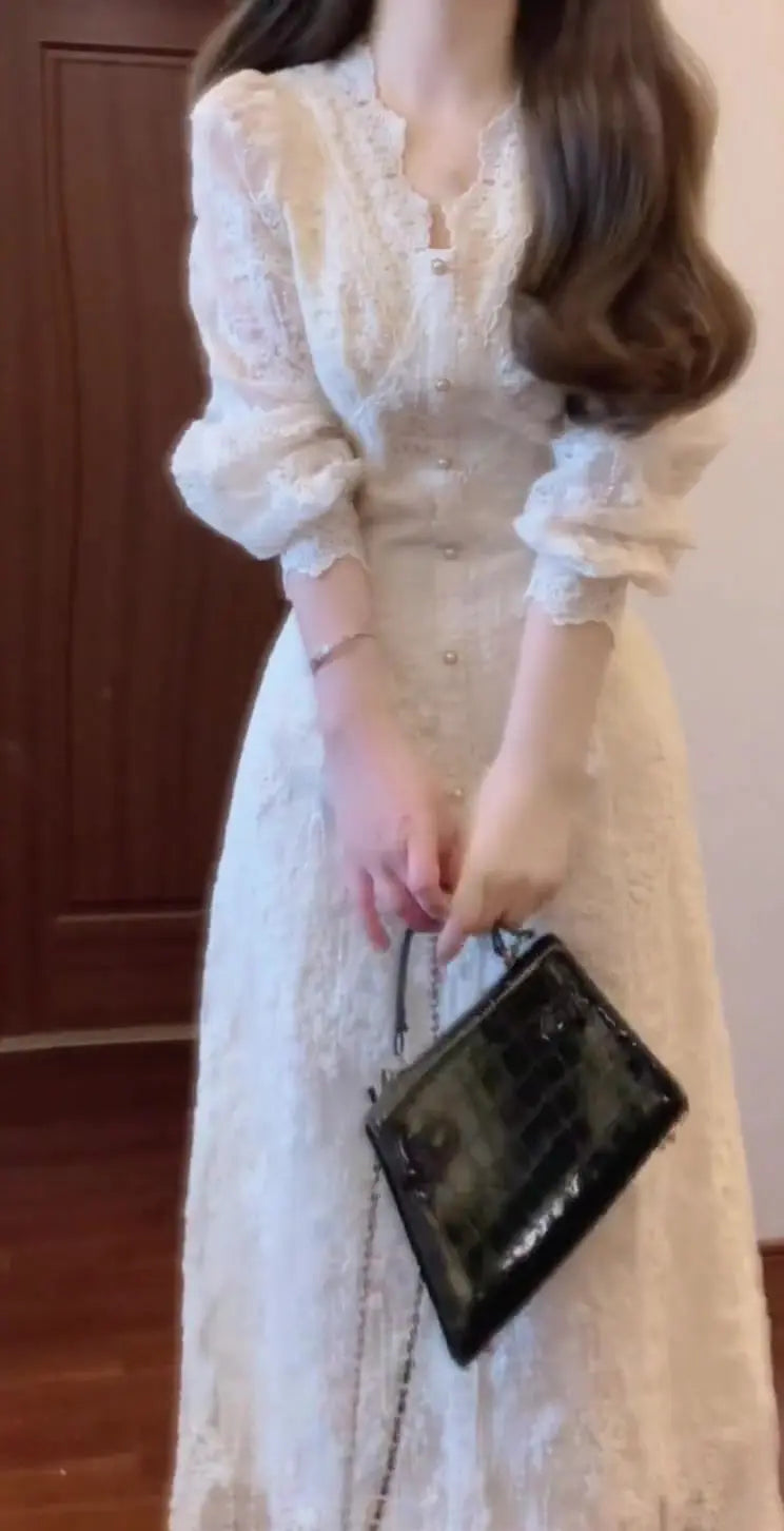 Elegant Lace Embroidered A-Line Dress with Long Sleeve for Women