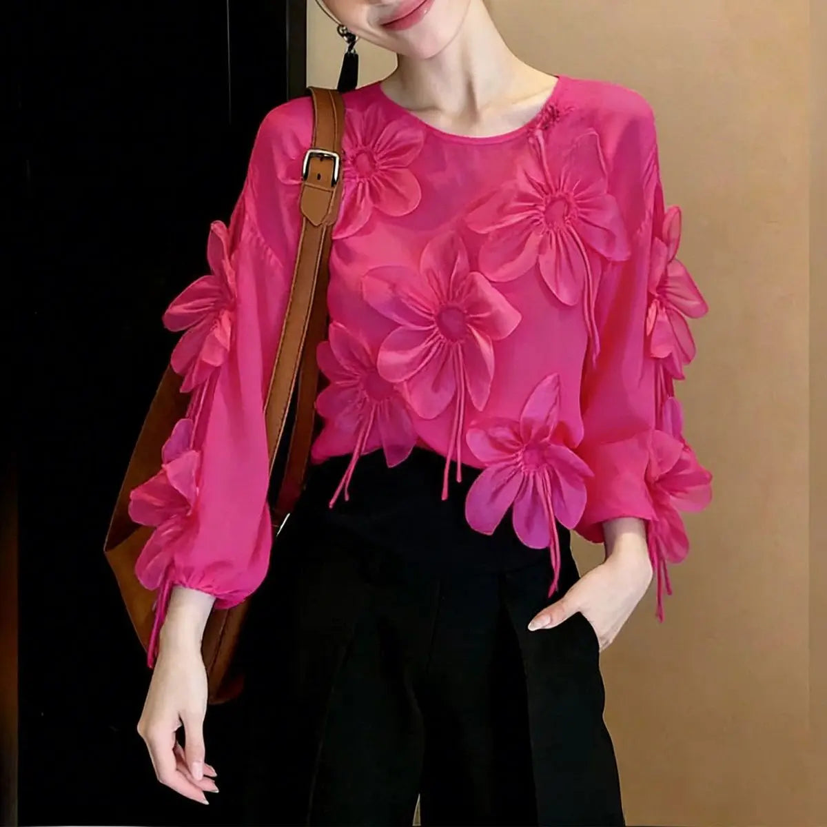 Three Dimensional Flower Lightweight Long Sleeve Top for Women