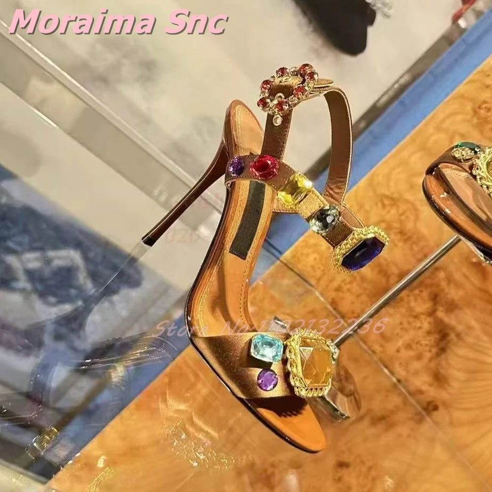 Elegant Satin Crystal Buckle Strap Square Heel Sandals for Women